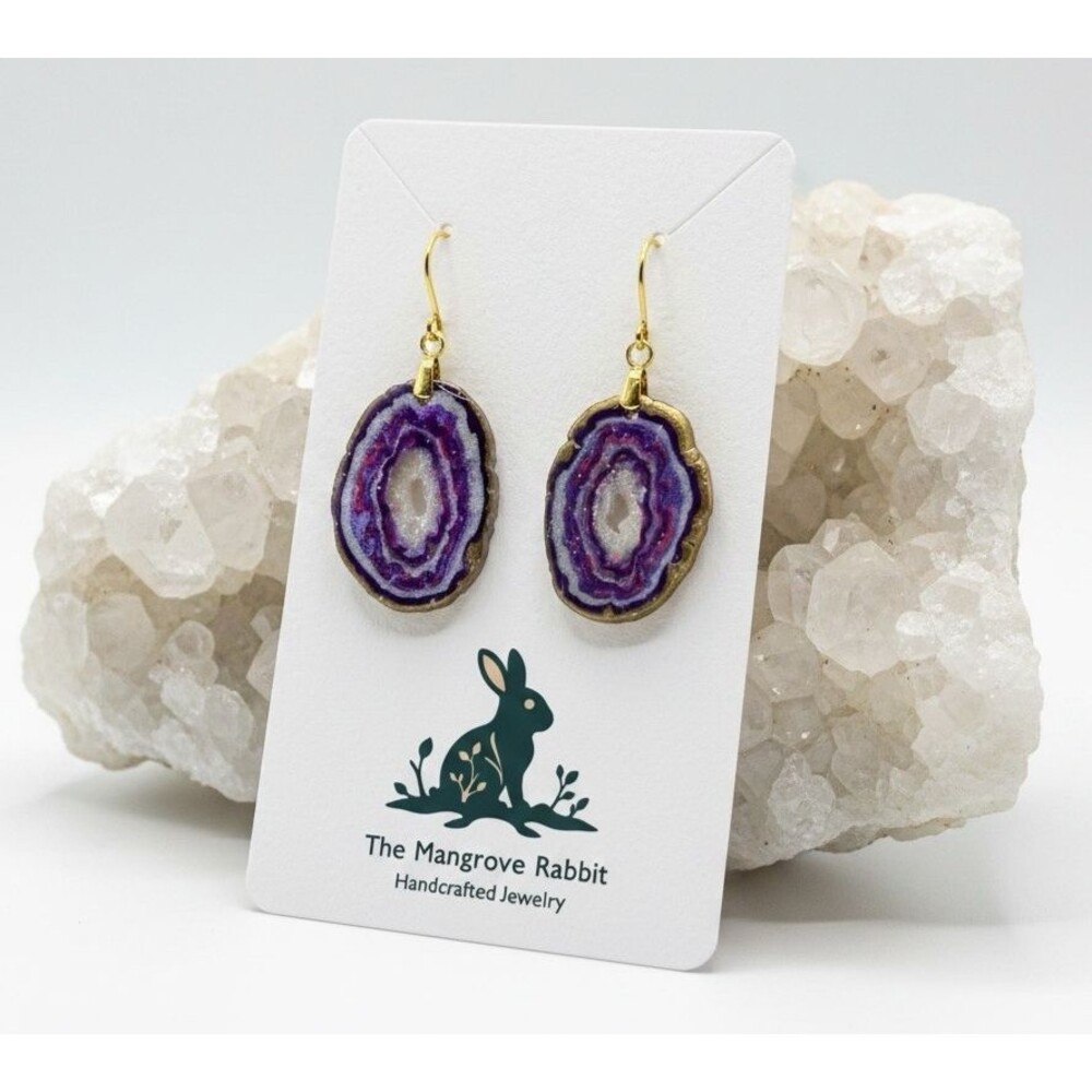Sm Faux Amethyst Geode Slice Polymer Clay Handmade Dangle Earrings SS Ear Wires